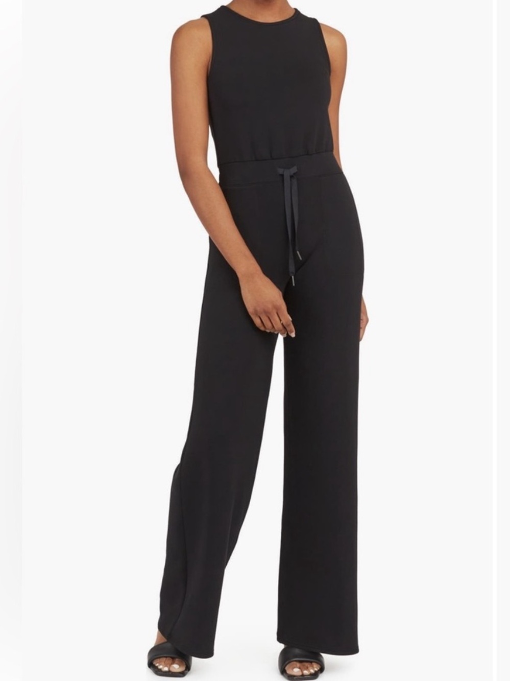 SPANX Air Essentials Jumpsuit One Piece Wide Leg Large Petite Black Waist Tie